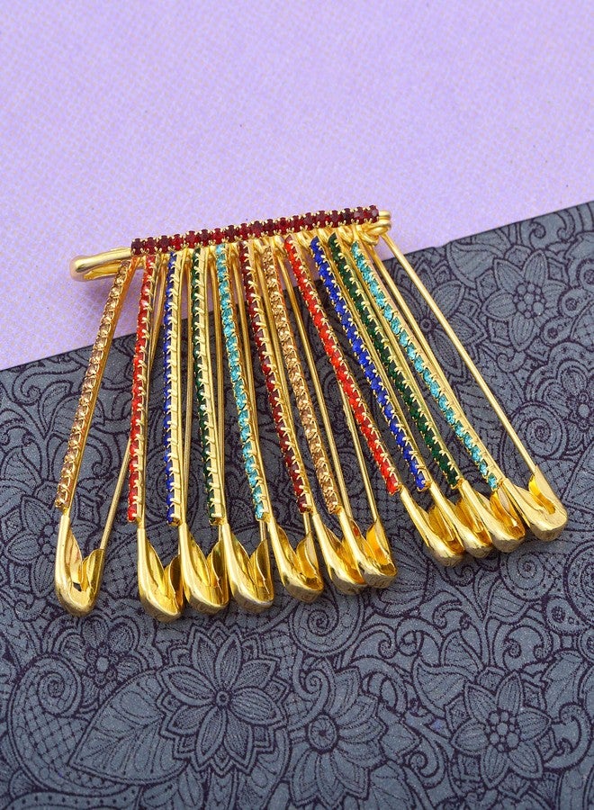 Memoir Brass Gold Plated Multicolor Stones Saree Pins Dupatta Safety Pin Brooch for Women and Girls - Ethnic Traditional Clip on Fashion Accessory (Set of 12) - Image 5