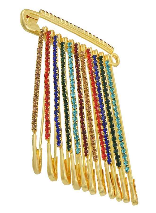 Memoir Brass Gold Plated Multicolor Stones Saree Pins Dupatta Safety Pin Brooch for Women and Girls - Ethnic Traditional Clip on Fashion Accessory (Set of 12) - Image 2