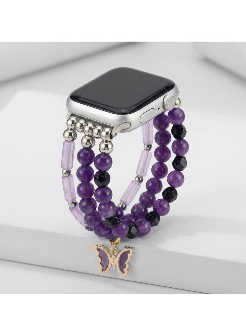 عام سوار ساعة مرصع بالخرز بتصميم الفراشات الأرجوانية، على طراز البوهو (Boho Style)، لساعة Apple Watch S10 بمقاسات 38 و40 و41 و42 ملم. - Image 3