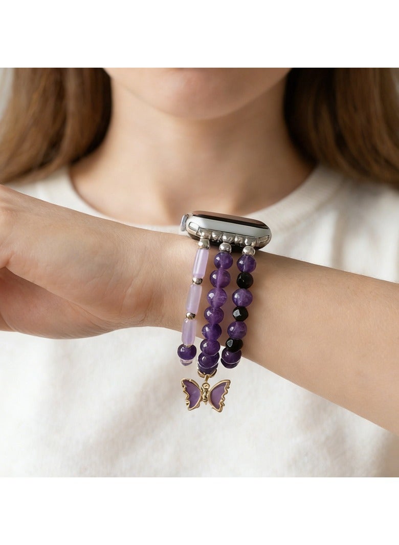 عام سوار ساعة مرصع بالخرز بتصميم الفراشات الأرجوانية، على طراز البوهو (Boho Style)، لساعة Apple Watch S10 بمقاسات 38 و40 و41 و42 ملم. - Image 2