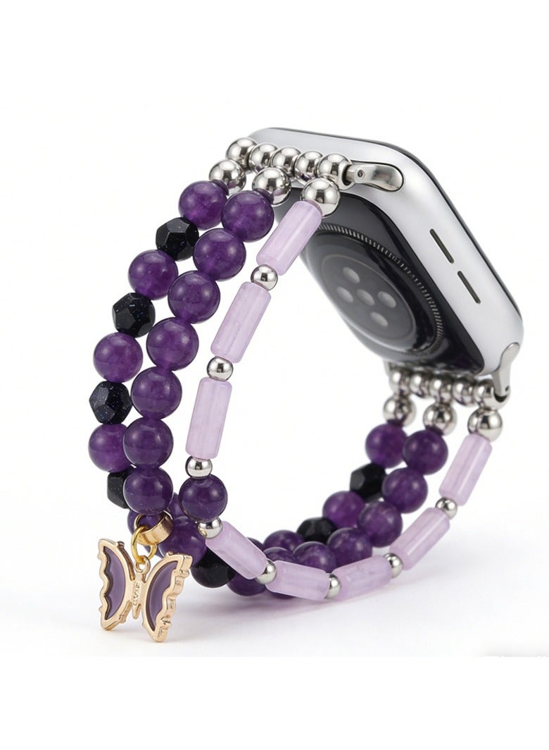 عام سوار ساعة مرصع بالخرز بتصميم الفراشات الأرجوانية، على طراز البوهو (Boho Style)، لساعة Apple Watch S10 بمقاسات 38 و40 و41 و42 ملم. - Image 1