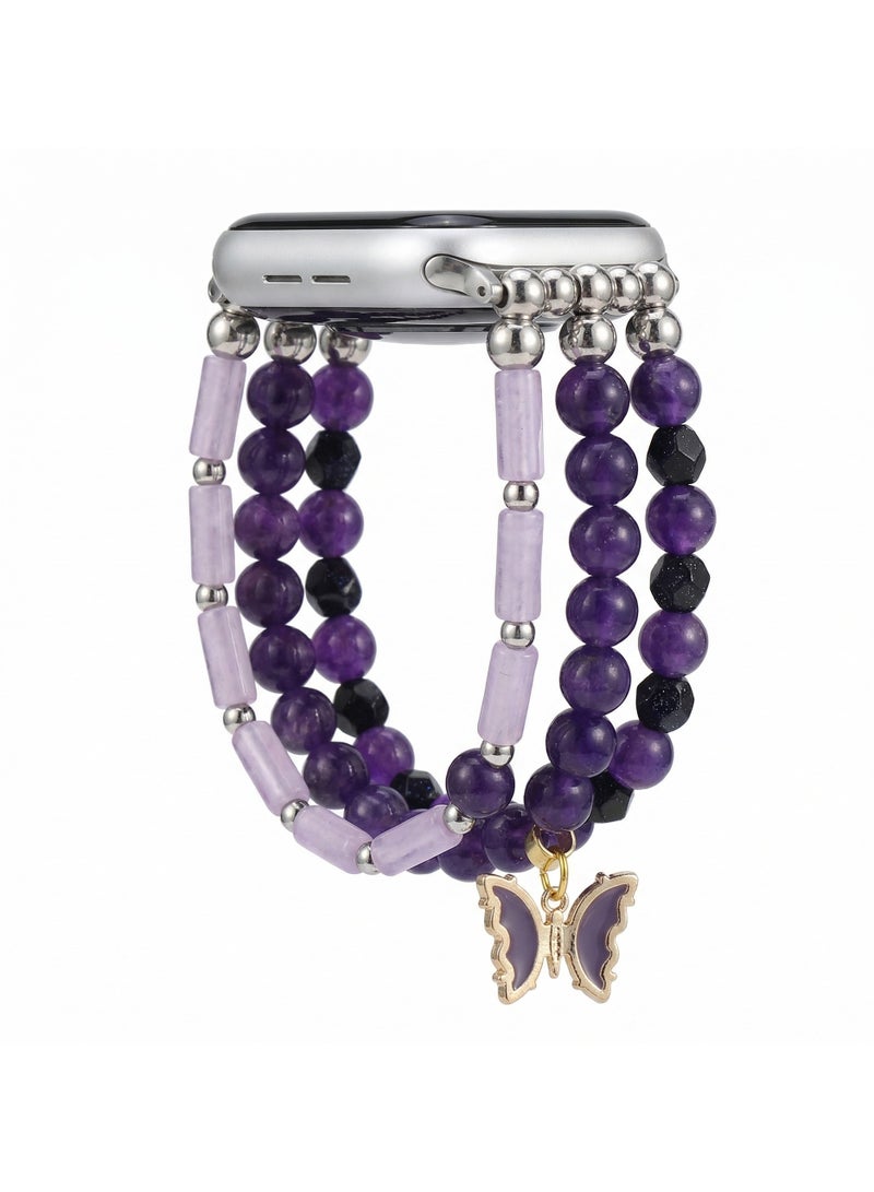عام سوار ساعة مرصع بالخرز بتصميم الفراشات الأرجوانية، على طراز البوهو (Boho Style)، لساعة Apple Watch S10 بمقاسات 38 و40 و41 و42 ملم. - Image 5