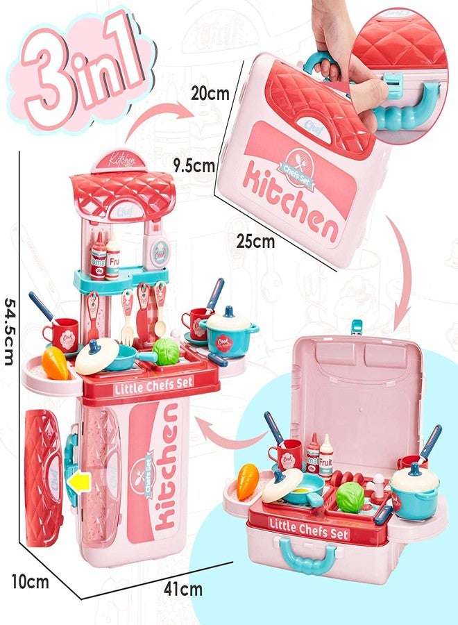 MANVI Kitchen Set for Kids Girl, Kitchen with Suitcase, Play Kitchen Set Pink Kids Kitchen Play Set Great Educational Toy Gifts for Girls (3 in 1 Kitchen Suitcase) - Image 2
