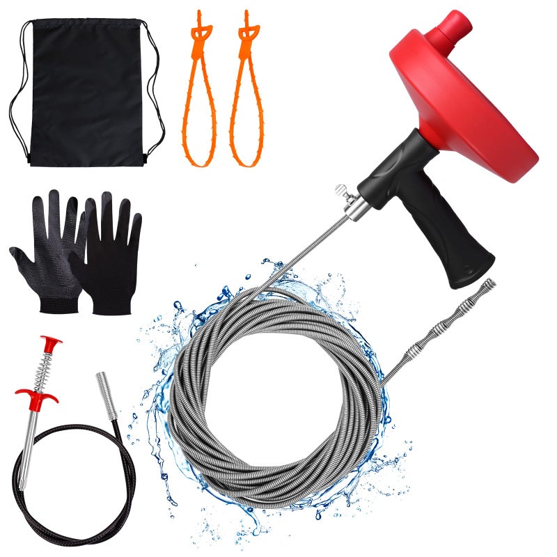 Ginbel Direct Drain Auger 33 Ft  Plumbing Snake Hair Clog Remover Drain Snake Flexible Grabber Heavy Duty Sink Cleaner Tools For Shower Bathtub Bathroom Kitchen Pipe  Red - Image 1