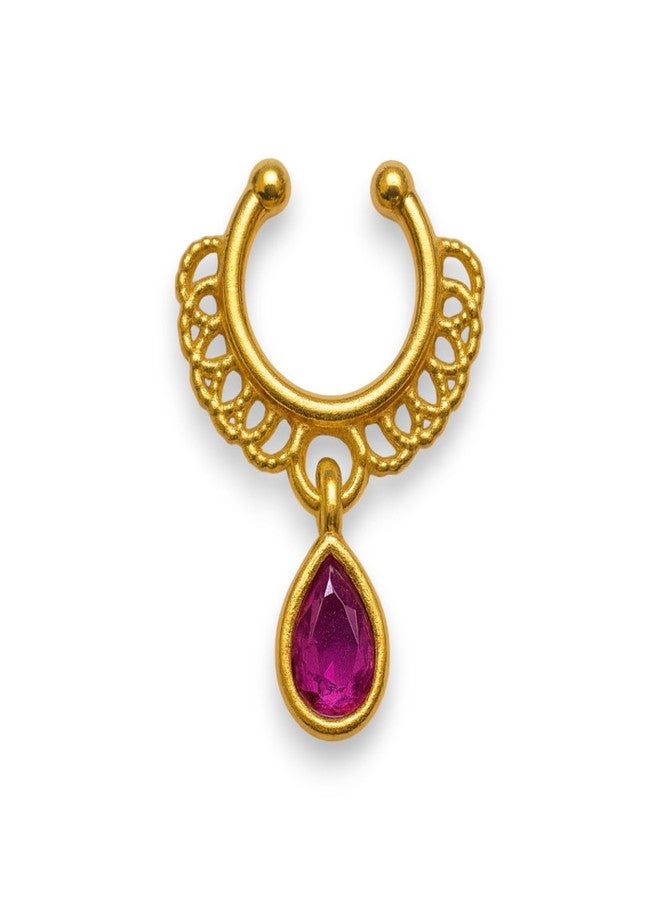 ACCESSHER Women's & Girls Antique Floral Gold-Tone Clip-On Non-Pierced Middle Nose Ring with Pink Teardrop Adjustable Pressing Type Septum Nose Pin, Jewellery for Gift - Image 1