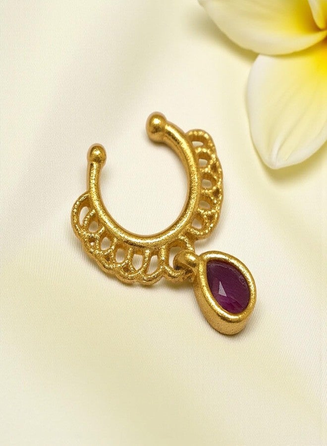 ACCESSHER Women's & Girls Antique Floral Gold-Tone Clip-On Non-Pierced Middle Nose Ring with Pink Teardrop Adjustable Pressing Type Septum Nose Pin, Jewellery for Gift - Image 4