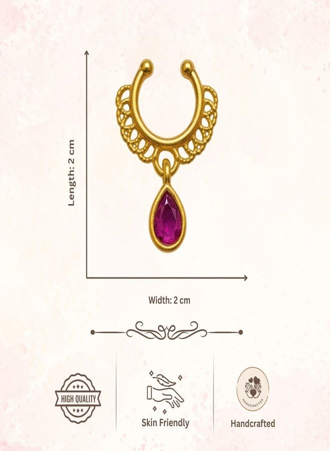ACCESSHER Women's & Girls Antique Floral Gold-Tone Clip-On Non-Pierced Middle Nose Ring with Pink Teardrop Adjustable Pressing Type Septum Nose Pin, Jewellery for Gift - Image 5