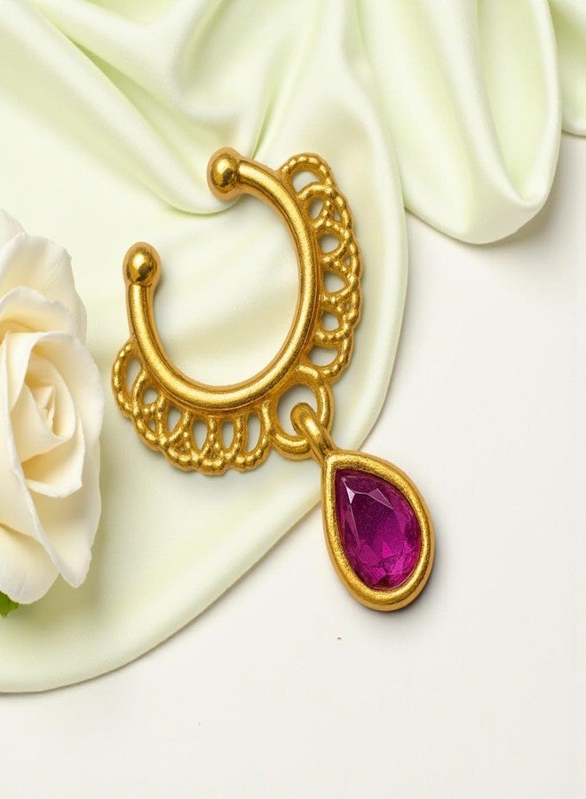 ACCESSHER Women's & Girls Antique Floral Gold-Tone Clip-On Non-Pierced Middle Nose Ring with Pink Teardrop Adjustable Pressing Type Septum Nose Pin, Jewellery for Gift - Image 3