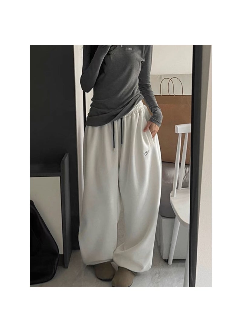 Generic American Vintage Casual Womens Fleece-Lined and Thickened High-Waisted Wide-Leg Pants Loose Fit for Autumn/Winter White fabric with velvet and thickening 