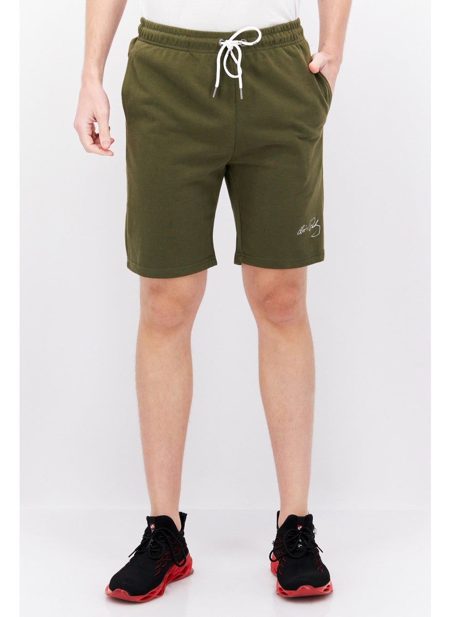 ELVIS Men Embroidered Basic Shorts, Olive  - Image 1