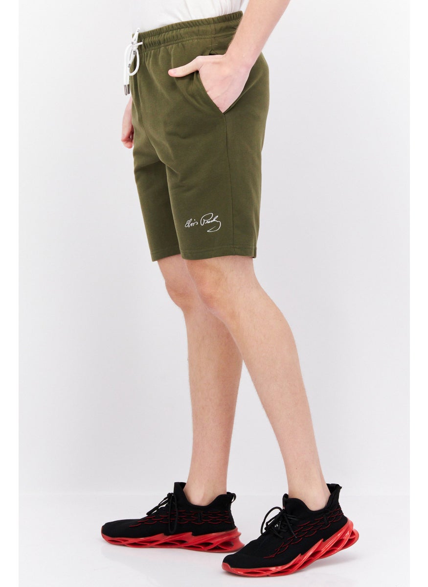 ELVIS Men Embroidered Basic Shorts, Olive  - Image 2