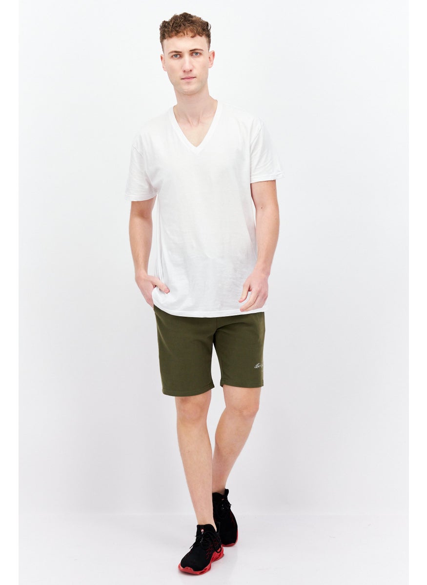 ELVIS Men Embroidered Basic Shorts, Olive  - Image 4