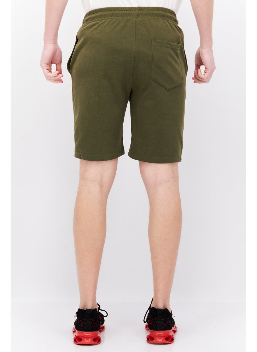 ELVIS Men Embroidered Basic Shorts, Olive  - Image 3