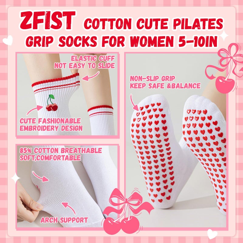 ZFiSt Pilates Socks with Grips for Women,4Pairs Ruffle Yoga Sock Cute Cotton Grippy Socks for Barre Workout Non Slip 5-10in (2Pair Pink+2Pair Red) - Image 3
