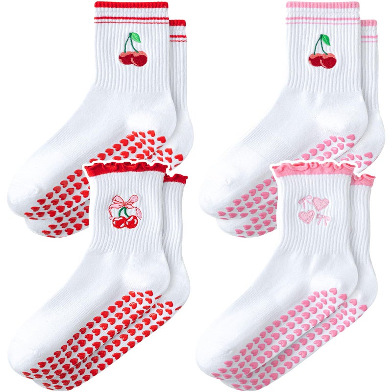 ZFiSt Pilates Socks with Grips for Women,4Pairs Ruffle Yoga Sock Cute Cotton Grippy Socks for Barre Workout Non Slip 5-10in (2Pair Pink+2Pair Red) - Image 1