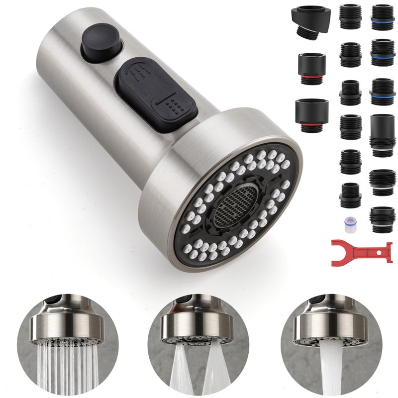 TIORIY Pull Down Spray Head Replacement for Kitchen Faucet Sprayer Head with 15 Adapters 3 Function Pull Out Faucet Spray Nozzle Brushed Nickel
