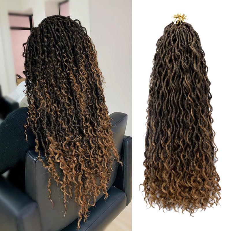 Dorsanee Goddess Locs Crochet Hair 18 Inch 7 Packs Ombre Boho Faux Locs Crochet Hair for Black Women Pre Looped Crochet Locs with Curly Ends 1B27