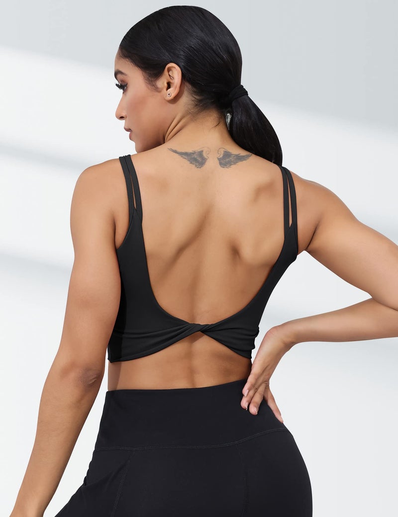 LUYAA Black Womens Sports Bras Backless Padded Tank Tops Workout Yoga Crop Twist Back Low Impact Bandeau Bra Black M - Image 5