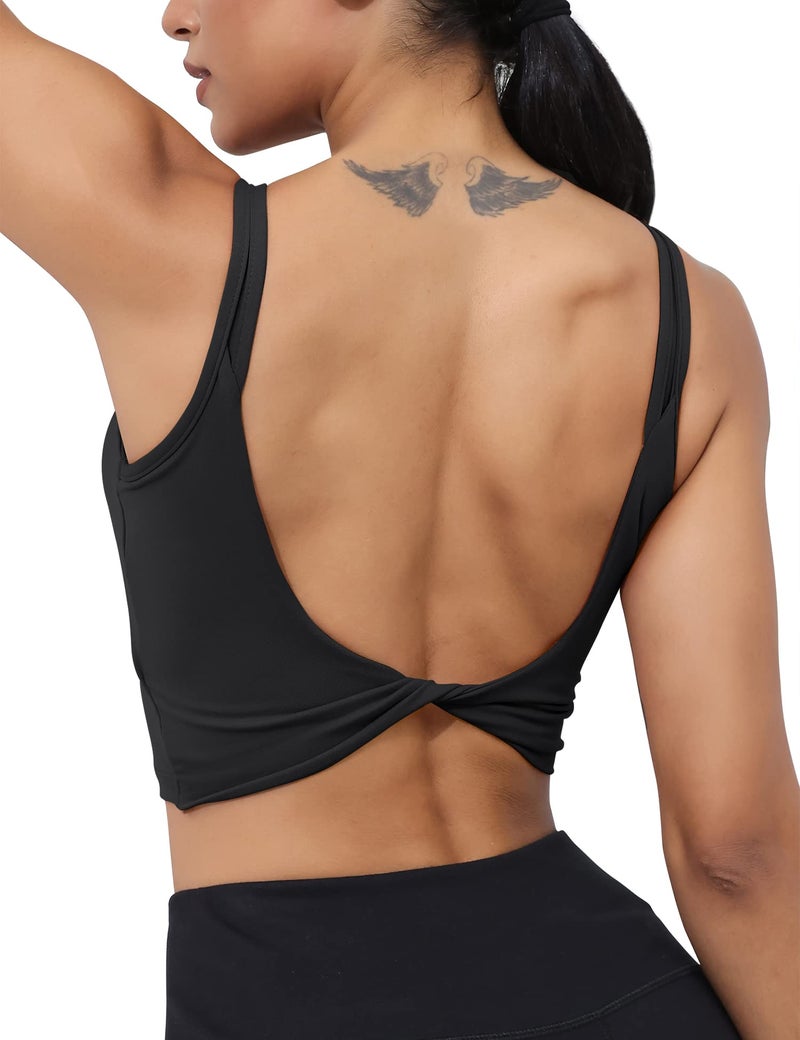 LUYAA Black Womens Sports Bras Backless Padded Tank Tops Workout Yoga Crop Twist Back Low Impact Bandeau Bra Black M - Image 1