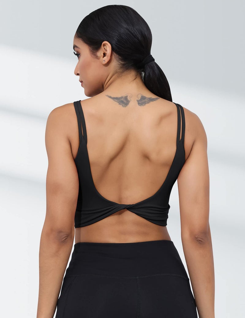 LUYAA Black Womens Sports Bras Backless Padded Tank Tops Workout Yoga Crop Twist Back Low Impact Bandeau Bra Black M - Image 2