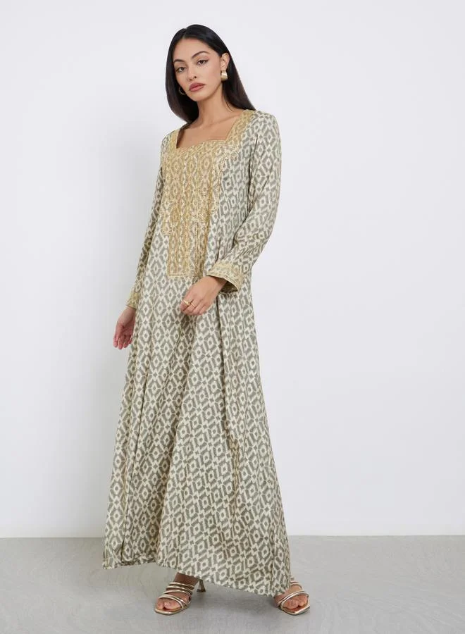 Amirah Amirah Green All Over Print Jalabiya with Embroidered Yoke