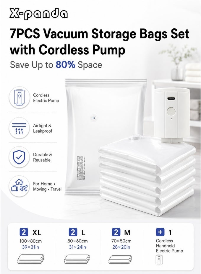 VACUUM STORAGE BAGS SET WITH CORDLESS ELECTRIC PUMP, 7-PACK REUSABLE SPACE SAVER BAGS(2 EXTRA LARGE 10080CM/3931 IN, 2 LARGE 8060CM/3124 IN , 2 MEDIUM 7050CM/2820 IN)