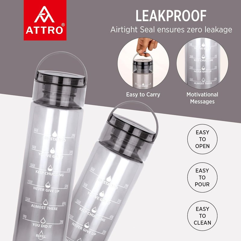 ATTRO Oxy Motivational 1000ml Water Bottle Time Markers Inspirational Slogans Mentioned Encourages More Water Intake EasytoCarry Handle Set of 2 Black - Image 3