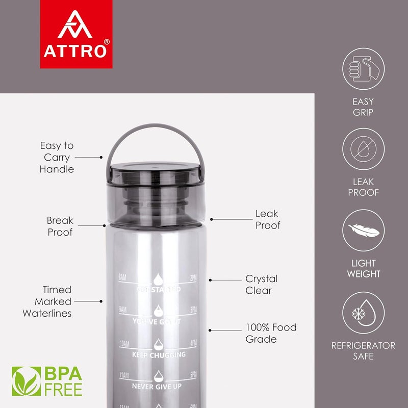 ATTRO Oxy Motivational 1000ml Water Bottle Time Markers Inspirational Slogans Mentioned Encourages More Water Intake EasytoCarry Handle Set of 2 Black - Image 2
