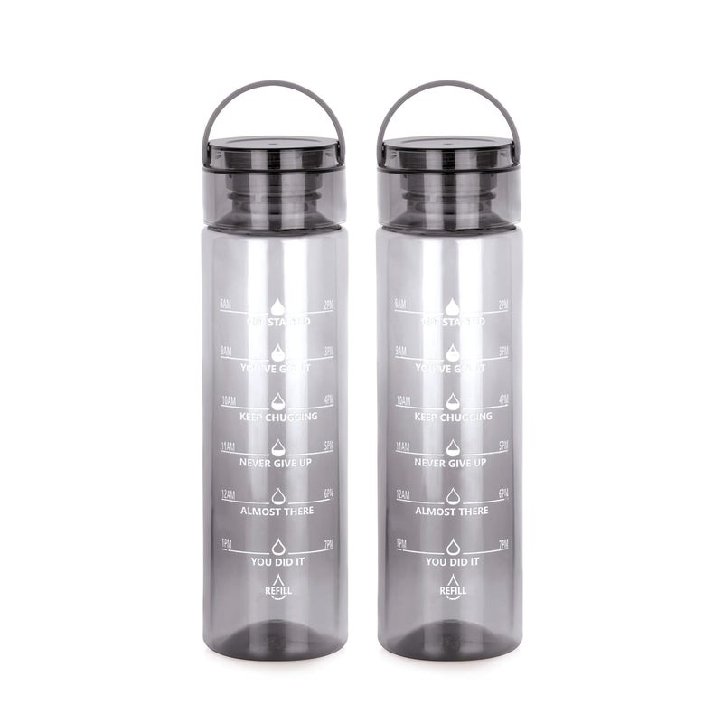 ATTRO Oxy Motivational 1000ml Water Bottle Time Markers Inspirational Slogans Mentioned Encourages More Water Intake EasytoCarry Handle Set of 2 Black - Image 1