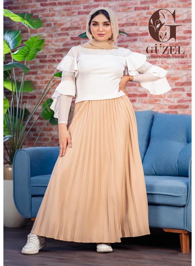 جوزيل جيبة بليسيه خامة كريب روزالين مستورد درجة أولى من جوزيل - لاتصف ولا تشف -بيج -فرى سايز - Image 4