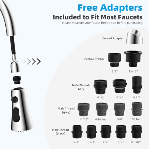 Hibbent Pull Down Kitchen Faucet Head Replacement, 3-Function NSF/ANSI/CAN 61 & CUPC Certified Sink Spray Nozzle, 15 Adapters, Compatible with Moen, Delta, Kohler Faucets, Chrome (Shiny Silver) - Image 2