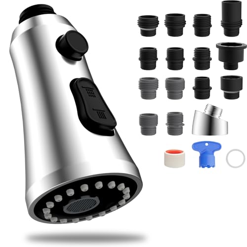 Hibbent Pull Down Kitchen Faucet Head Replacement, 3-Function NSF/ANSI/CAN 61 & CUPC Certified Sink Spray Nozzle, 15 Adapters, Compatible with Moen, Delta, Kohler Faucets, Chrome (Shiny Silver) - Image 1