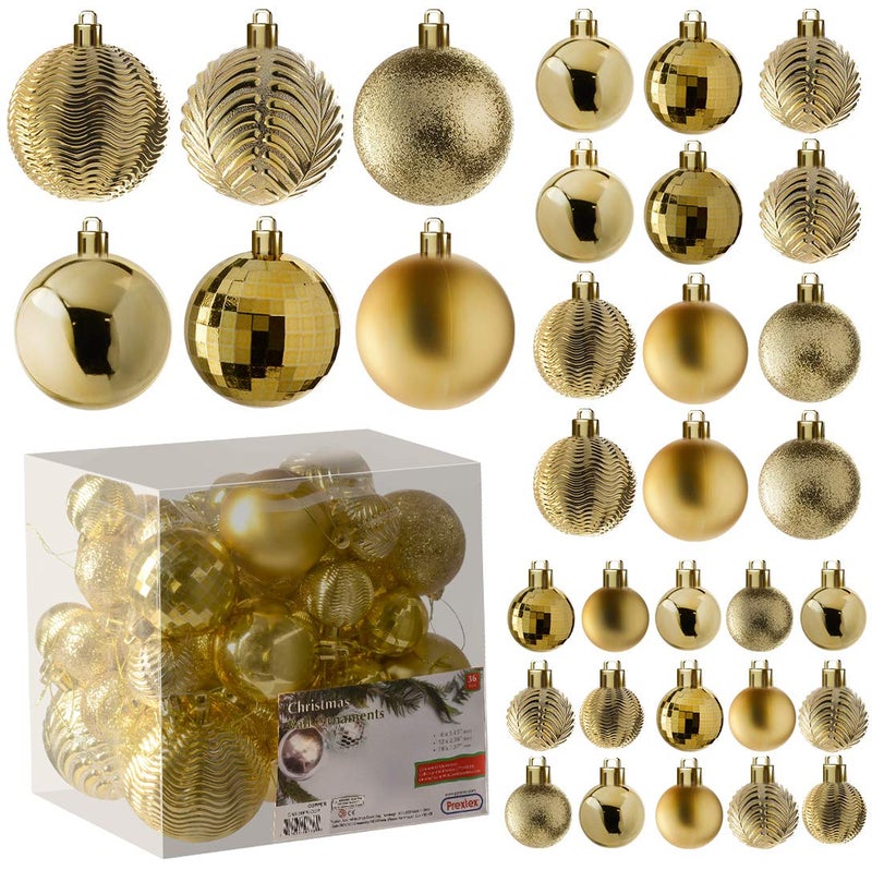 Prextex PREXTEX Christmas Ball Tree Ornaments - Gold Ornaments for Christmas Tree - Gold Christmas Ornaments for Holiday  Wreath & Party Decorations (36 pcs - Small  Medium  Large) Shatterproof  - Image 1