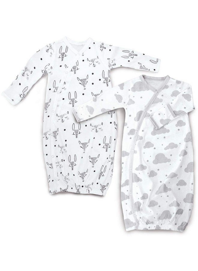 Cambria Baby Cambria Baby 100% Organic Kimono Gowns. Side Snaps with Built in Mitts. (0-6 Months, White and Grey Clouds and Animals Patterns) - Image 1