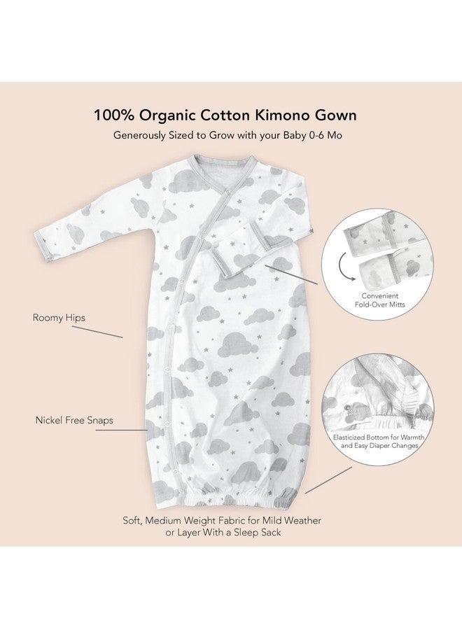 Cambria Baby Cambria Baby 100% Organic Kimono Gowns. Side Snaps with Built in Mitts. (0-6 Months, White and Grey Clouds and Animals Patterns) - Image 2