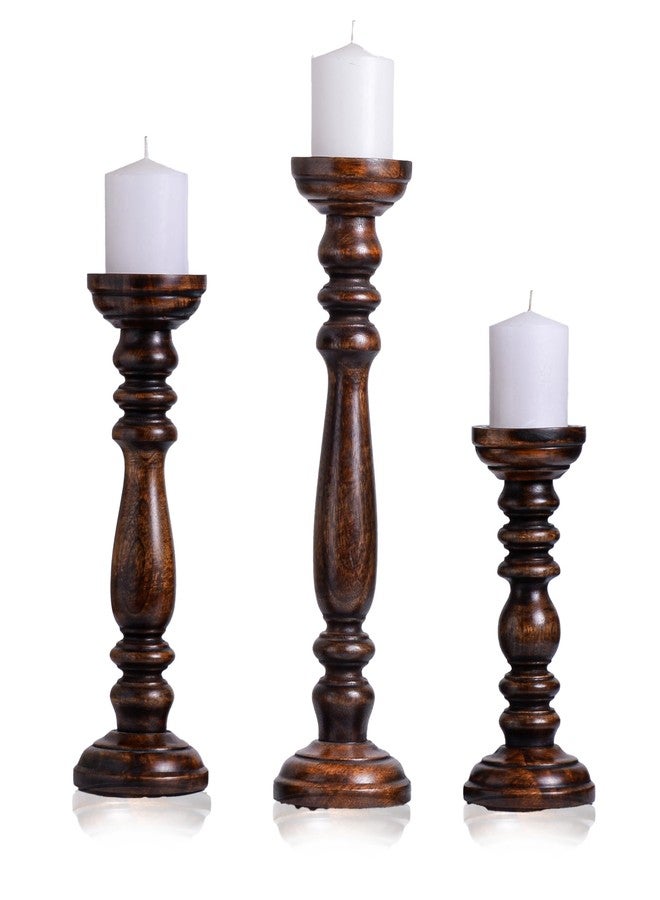 VIVENAA Wooden Candle Holder Stand with 3 Free Candles for Home & Table Decoration Best Handmade Gift for Christmas, Diwali, Ramzan, Living, Dining, Pooja, Bedroom, Kitchen Natural Walnut 15” 12” 9” - Image 1