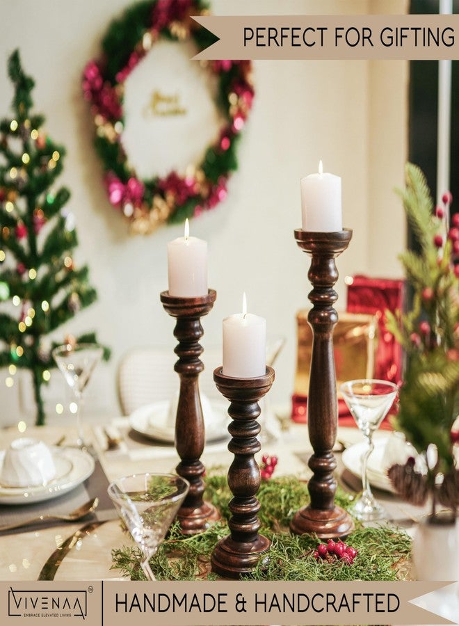 VIVENAA Wooden Candle Holder Stand with 3 Free Candles for Home & Table Decoration Best Handmade Gift for Christmas, Diwali, Ramzan, Living, Dining, Pooja, Bedroom, Kitchen Natural Walnut 15” 12” 9” - Image 2