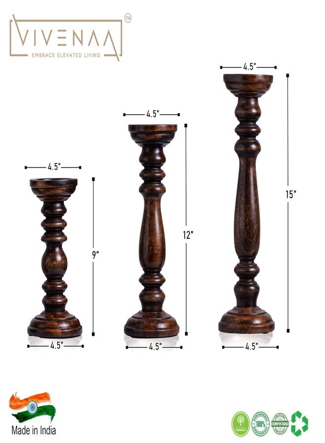 VIVENAA Wooden Candle Holder Stand with 3 Free Candles for Home & Table Decoration Best Handmade Gift for Christmas, Diwali, Ramzan, Living, Dining, Pooja, Bedroom, Kitchen Natural Walnut 15” 12” 9” - Image 3