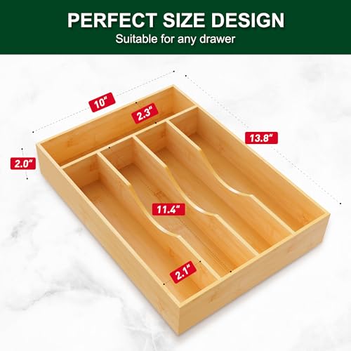 Bellsal Utensil Organizer 10 Inch Silverware Tray for Drawer Utensil Holder Cutlery Organizer Kitchen Drawer Organizer 5 Compartment Small Narrow Bamboo - Image 3