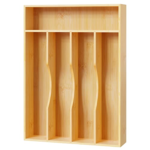 Bellsal Utensil Organizer 10 Inch Silverware Tray for Drawer Utensil Holder Cutlery Organizer Kitchen Drawer Organizer 5 Compartment Small Narrow Bamboo - Image 1
