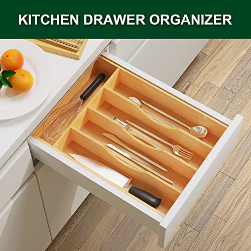 Bellsal Utensil Organizer 10 Inch Silverware Tray for Drawer Utensil Holder Cutlery Organizer Kitchen Drawer Organizer 5 Compartment Small Narrow Bamboo - Image 2