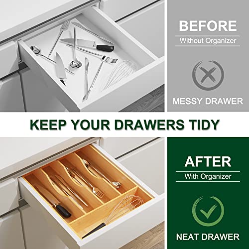 Bellsal Utensil Organizer 10 Inch Silverware Tray for Drawer Utensil Holder Cutlery Organizer Kitchen Drawer Organizer 5 Compartment Small Narrow Bamboo - Image 5