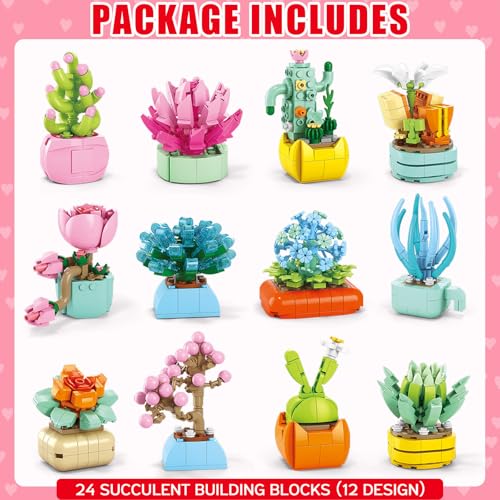 Qinline 24 Pack Easter Gifts for Kids 612 Succulents Flower Bouquets Building Blocks with Gift Cards for School Boy Girl Class Easter Egg Fillers Party Favors Exchange Gift Goodie Bag Basket Stuffers - Image 5