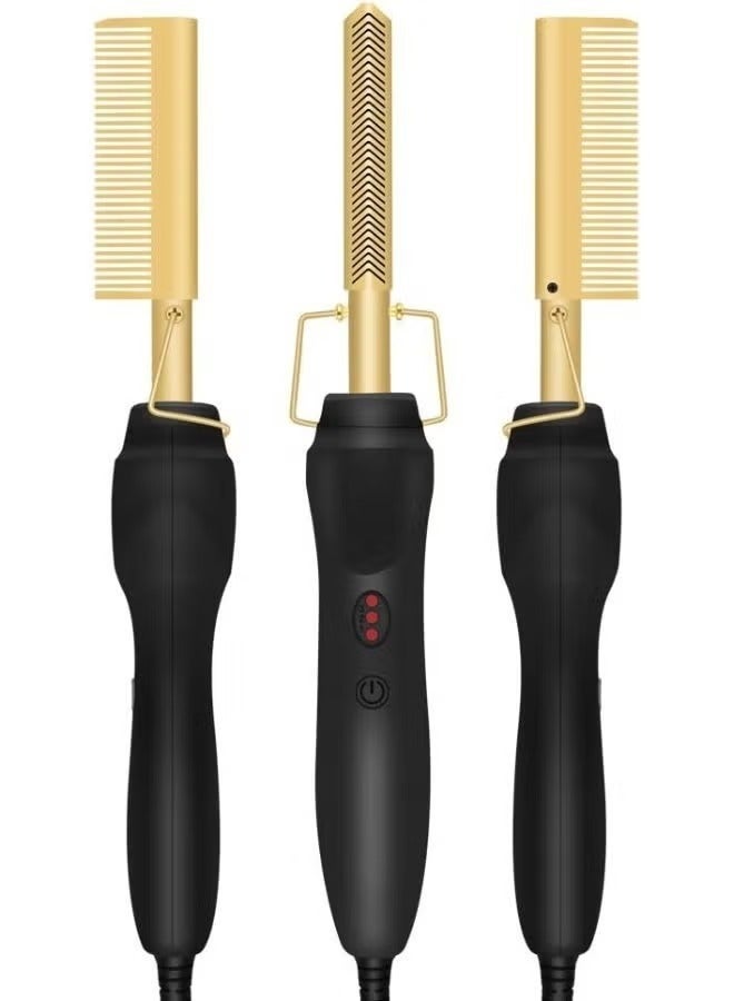 ELTRAZONE A-LHT Gold Plated Heated Styling Comb Electric Hot Straightening Heat Comb Ceramic Curling Flat Iron Curler Designed Hair Straightener for Natural Black Hair, Wigs - Image 1