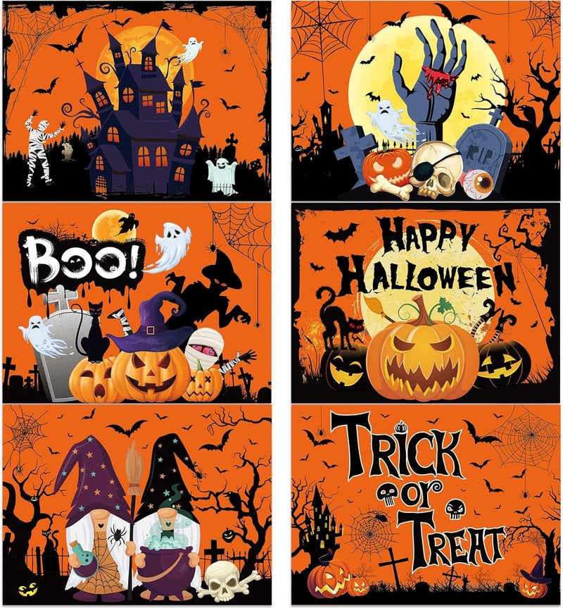 OBUSATT Plastic Placemats Set of 6 Halloween Table Mats  Trick or Treat Kitchen Decor  Wipe Clean Washable Recyclable  Orange Place Mats for IndoorOutdoor  Heat Resistant  KitchenDining Table - Image 1