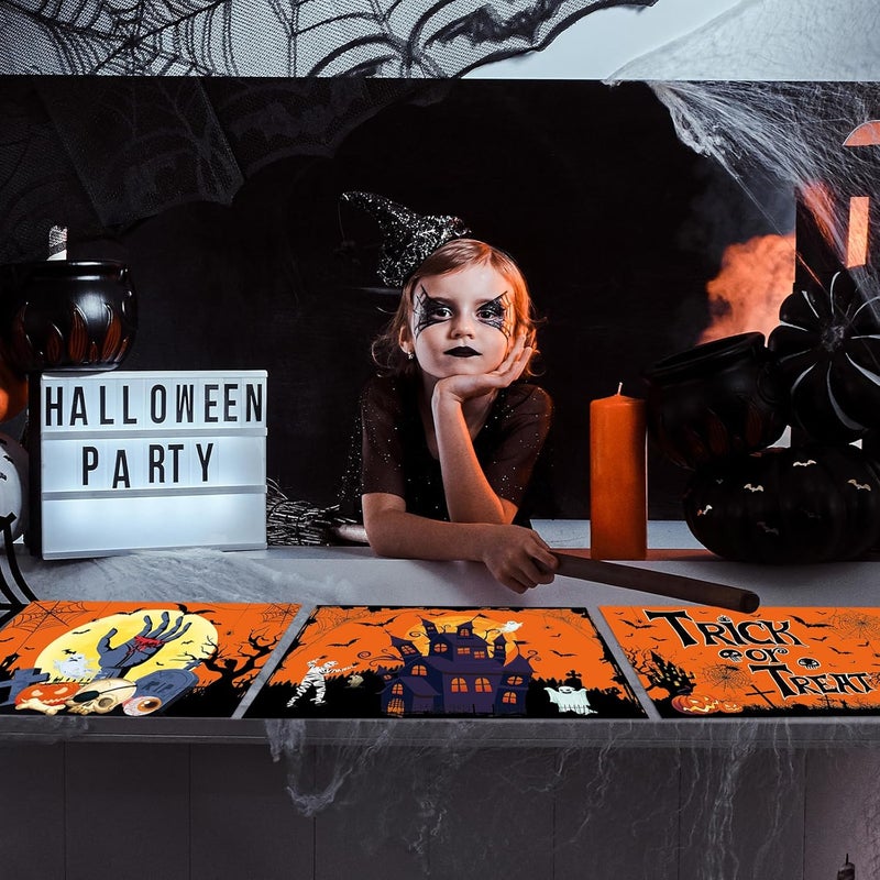OBUSATT Plastic Placemats Set of 6 Halloween Table Mats  Trick or Treat Kitchen Decor  Wipe Clean Washable Recyclable  Orange Place Mats for IndoorOutdoor  Heat Resistant  KitchenDining Table - Image 5