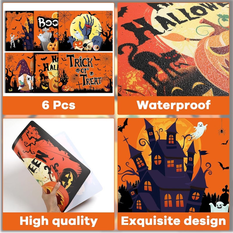 OBUSATT Plastic Placemats Set of 6 Halloween Table Mats  Trick or Treat Kitchen Decor  Wipe Clean Washable Recyclable  Orange Place Mats for IndoorOutdoor  Heat Resistant  KitchenDining Table - Image 3