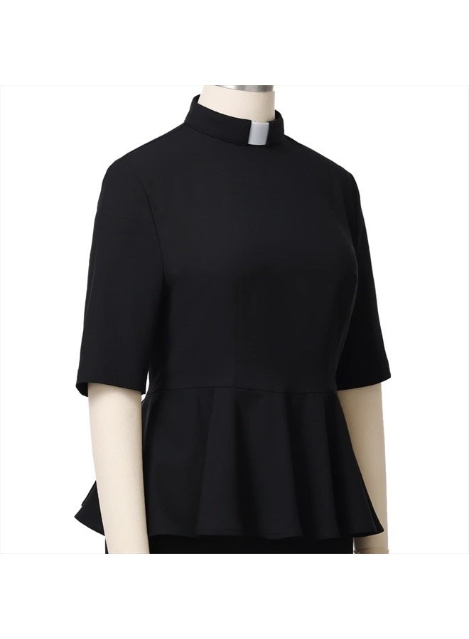 CAMDOM Womens Summer Clergy Shirt Tab Collar Half Sleeve Ruffle Blouse Top Black - Image 5