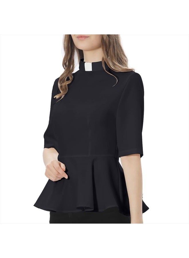 CAMDOM Womens Summer Clergy Shirt Tab Collar Half Sleeve Ruffle Blouse Top Black - Image 2