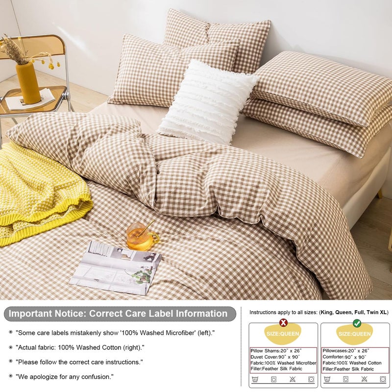 mixinni Tan Gingham Comforter Set Queen, Plaid Comforter Set 3 Pieces 1 Beige Grid Comfoter with 2 Pillow Cases for All Seasons, Soft Fluffy Modern Grid Pattern Printed Bedding-Queen Size - Image 3